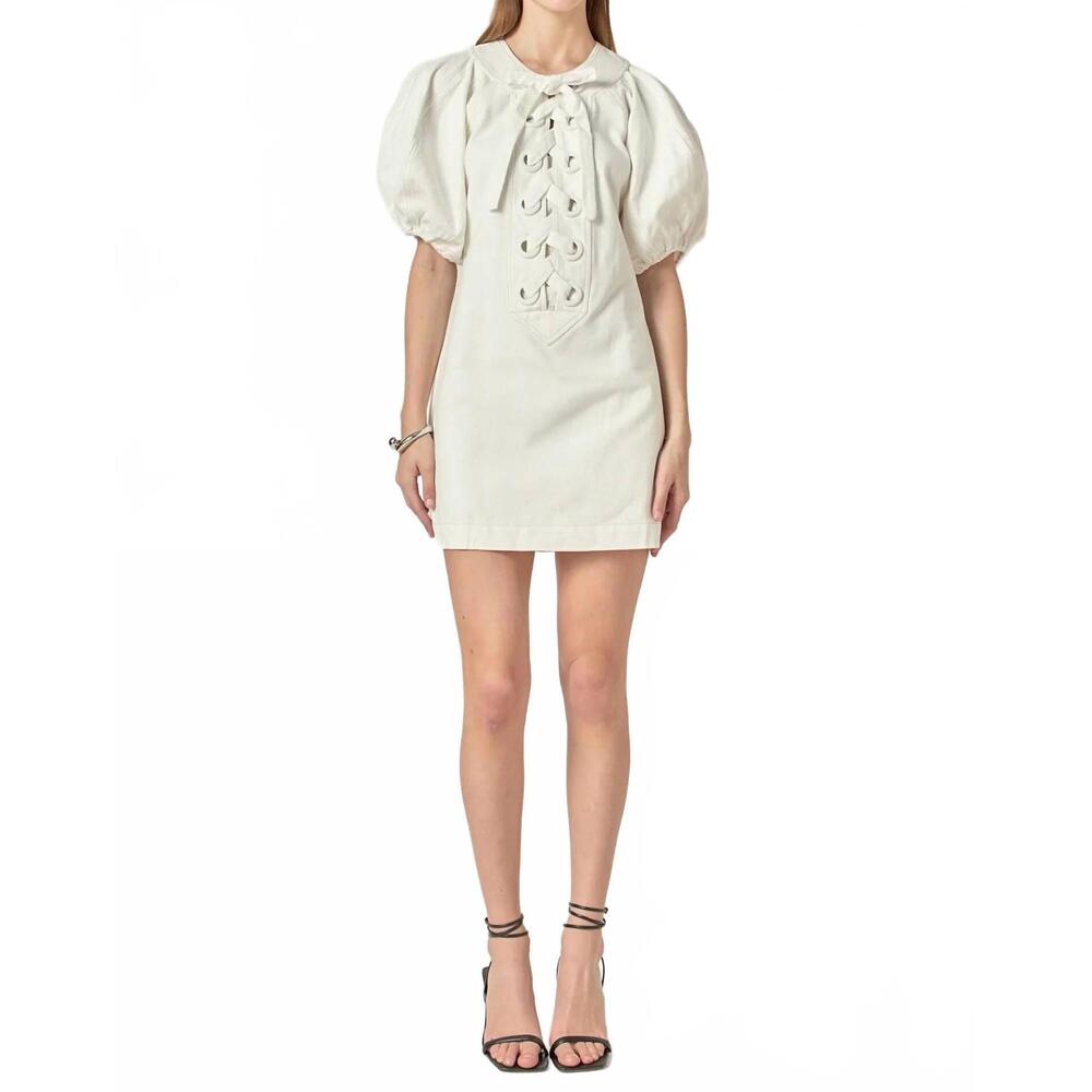 NEW 2.7 AUGUST APPAREL laced up puff sleeve mini dress in white